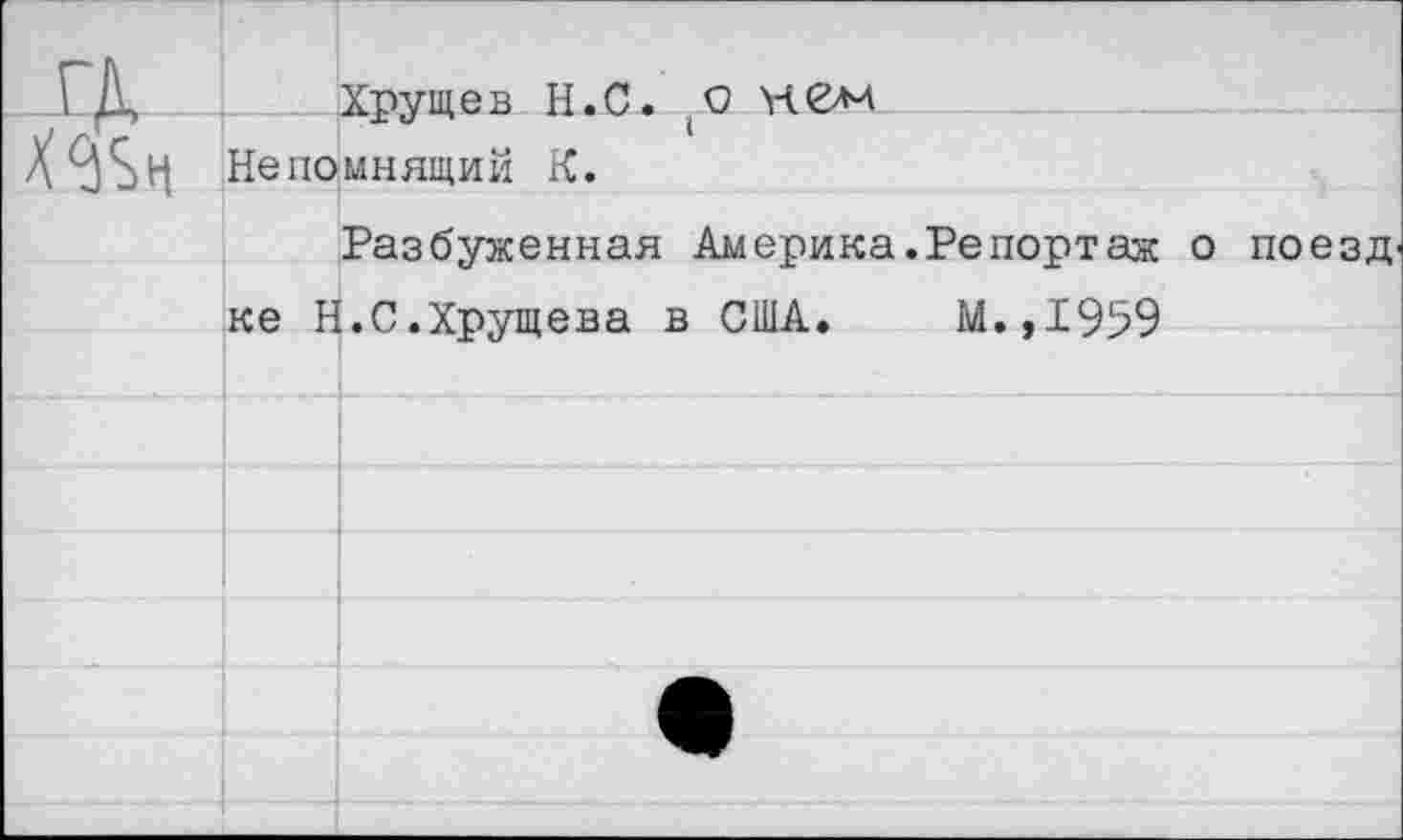 ﻿Хрущев Н.С. (0 Непомнящий К.
Разбуженная Америка.Репортаж о поезд
ке Н.С.Хрущева в США. М.,1959